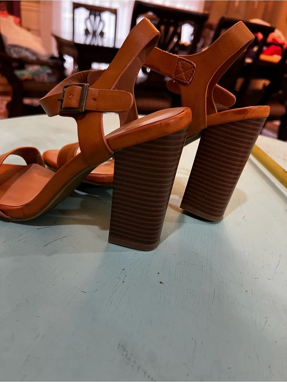 BAMBOO Tan Open-Toe Block Heel Sandals